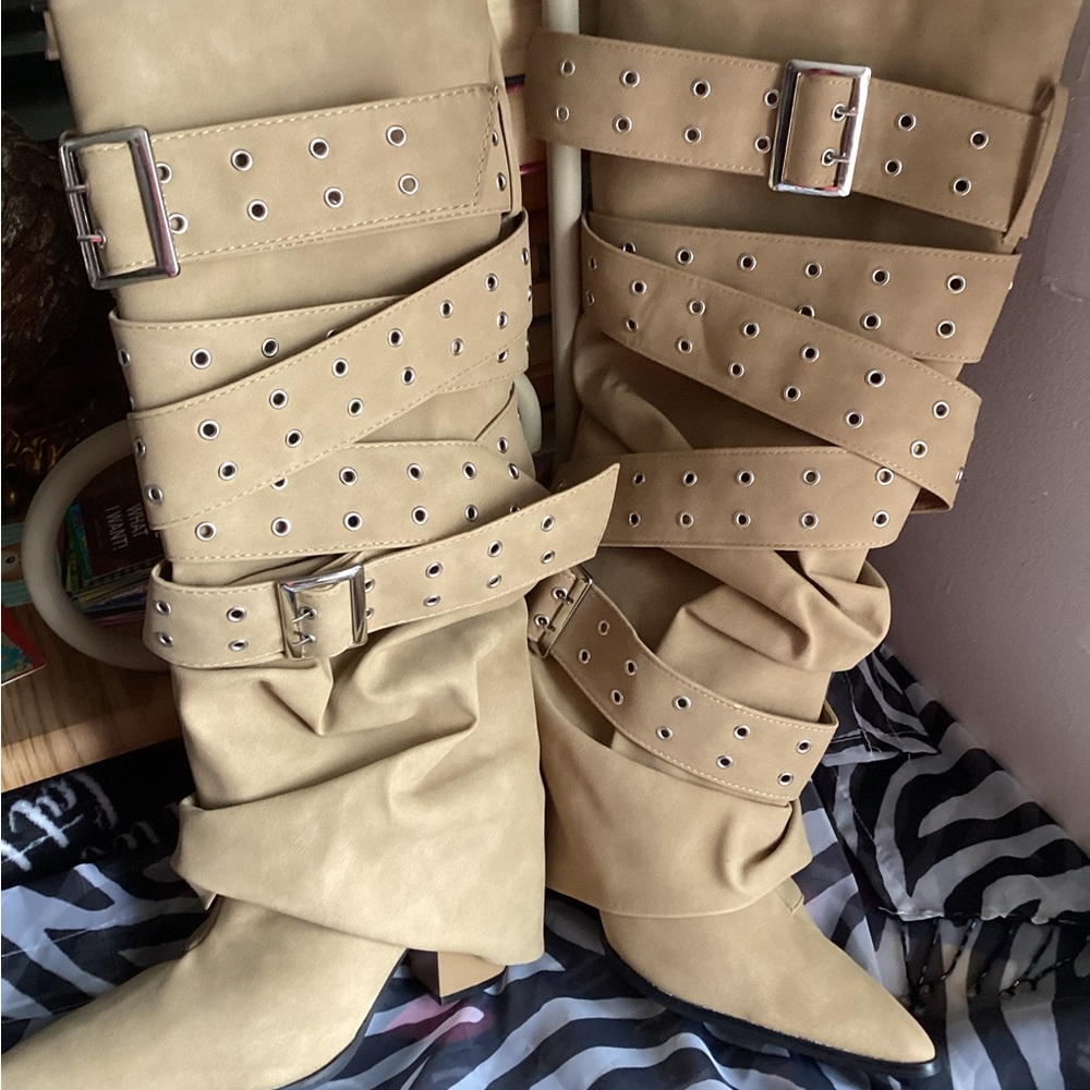 Women's Tan Grommet Strap Boots